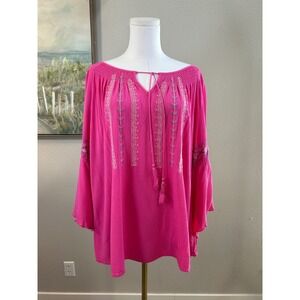 New Directions Pink Embroidered‎ Peasant Blouse Plus Size 2X